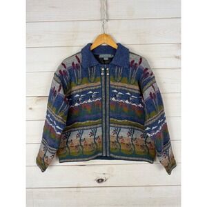 Icelandic Design Sweater Womens XL Wool Blend Lined Full Zip Landscape